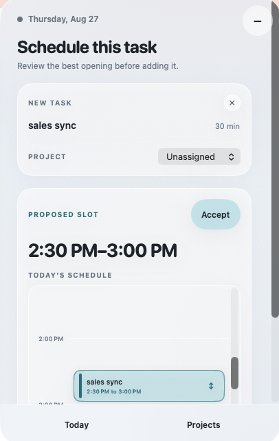 Today Widget proposing a calendar slot that can be adjusted before acceptance.