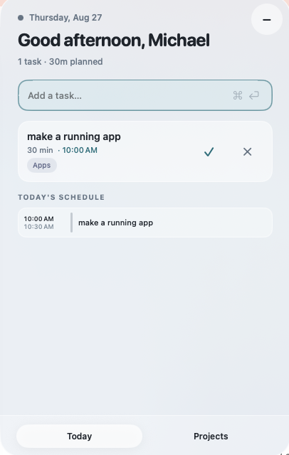 Today Widget showing a task and the day’s calendar schedule.